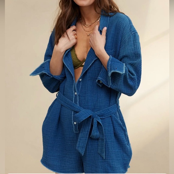 aerie Pants - Aerie Gauzy Belted Romper Long Sleeve Oversized With Pockets XS
